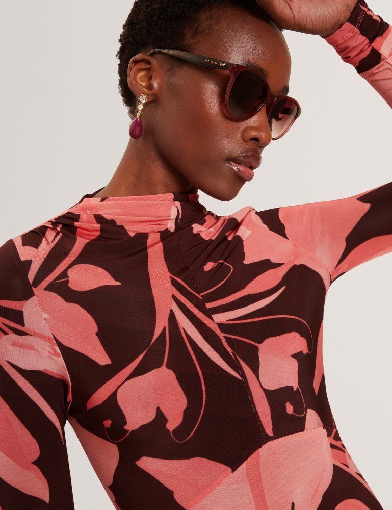 Rochie Dama Ted Baker Starlah - Slinky Printed Jersey Long Sleeve Midi Dress Maro | 471253-HAM
