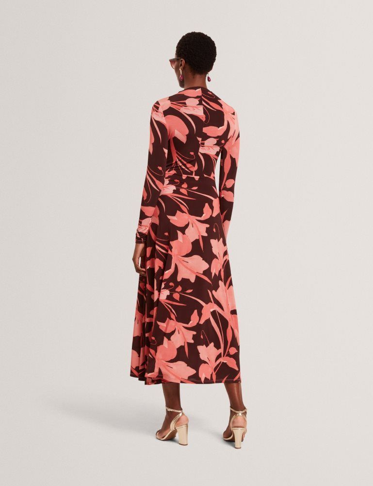 Rochie Dama Ted Baker Starlah - Slinky Printed Jersey Long Sleeve Midi Dress Maro | 471253-HAM