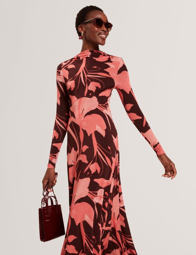 Rochie Dama Ted Baker Starlah - Slinky Printed Jersey Long Sleeve Midi Dress Maro | 471253-HAM