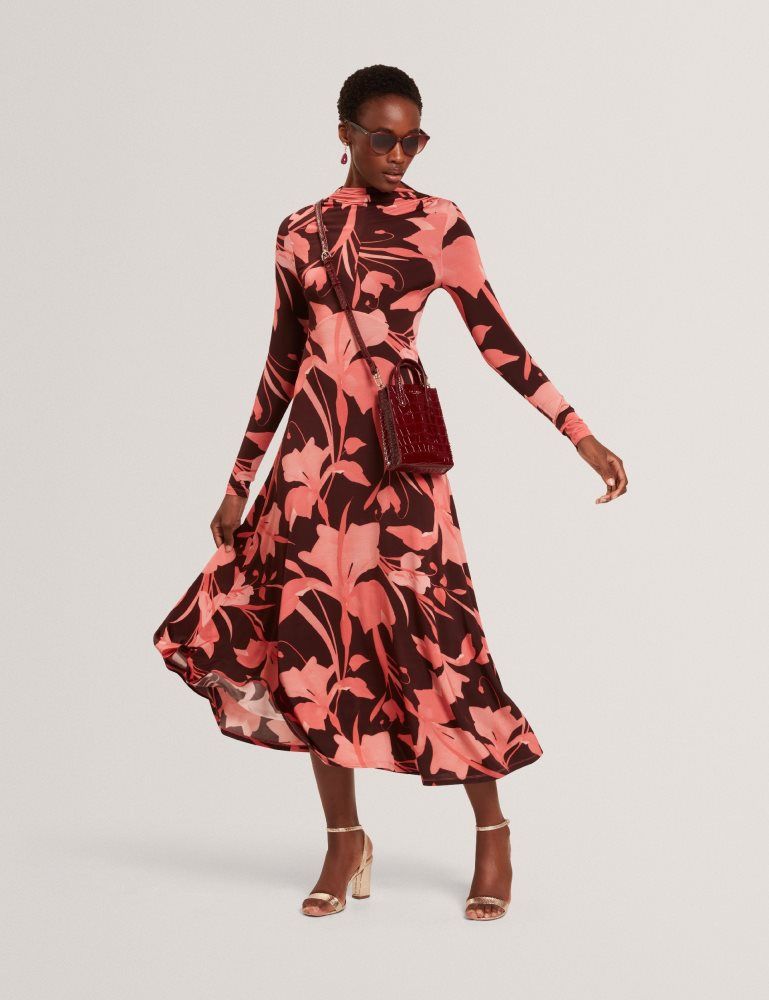 Rochie Dama Ted Baker Starlah - Slinky Printed Jersey Long Sleeve Midi Dress Maro | 471253-HAM