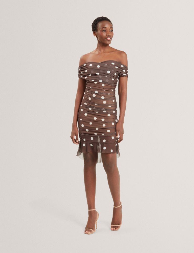 Rochie Dama Ted Baker Tildahh - Off-shoulder Polka Dot Mesh Mini Dress Maro | 364152-JEG