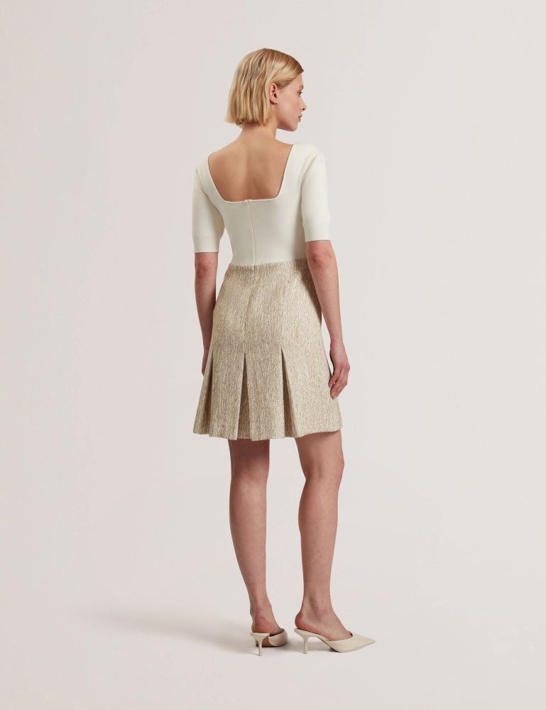 Rochie Dama Ted Baker Vulpad - Pleated Boucle Mini Dress With Knit Bodice Albi | 871502-LXM