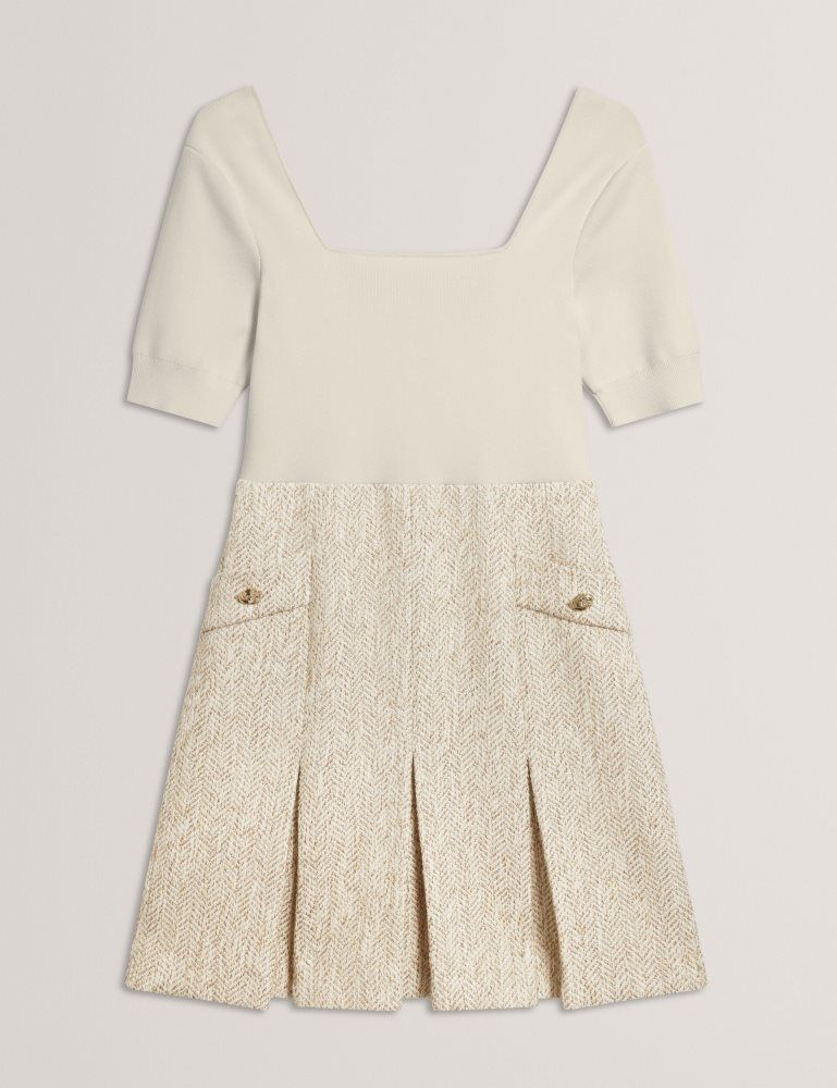 Rochie Dama Ted Baker Vulpad - Pleated Boucle Mini Dress With Knit Bodice Albi | 871502-LXM