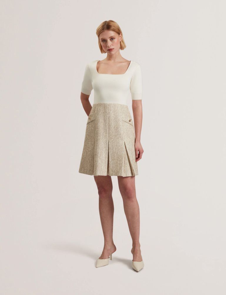 Rochie Dama Ted Baker Vulpad - Pleated Boucle Mini Dress With Knit Bodice Albi | 871502-LXM