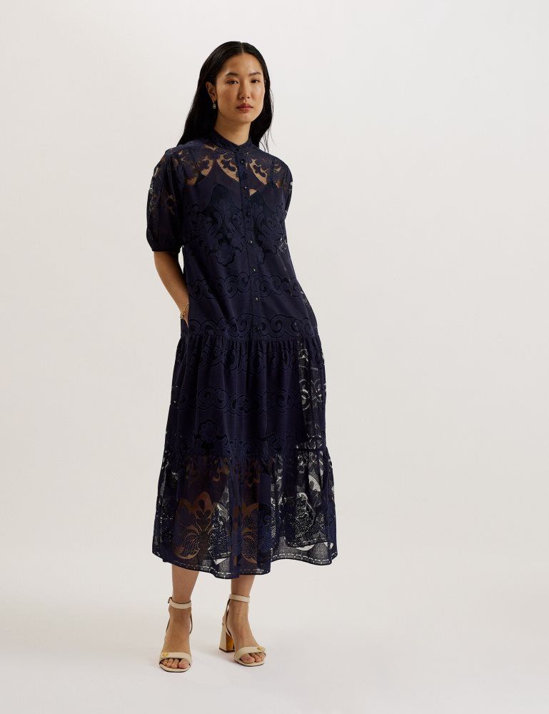 Rochie Dama Ted Baker Xativa - Lace Puff Sleeve Midi Shift Dress Albastri | 053267-KJW