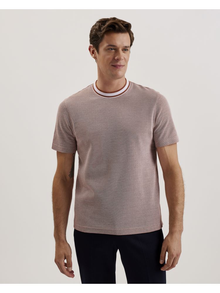 Topuri Barbati Ted Baker Arlon - Textured Stripe Detail Cotton T-shirt Maro | 689451-DFM