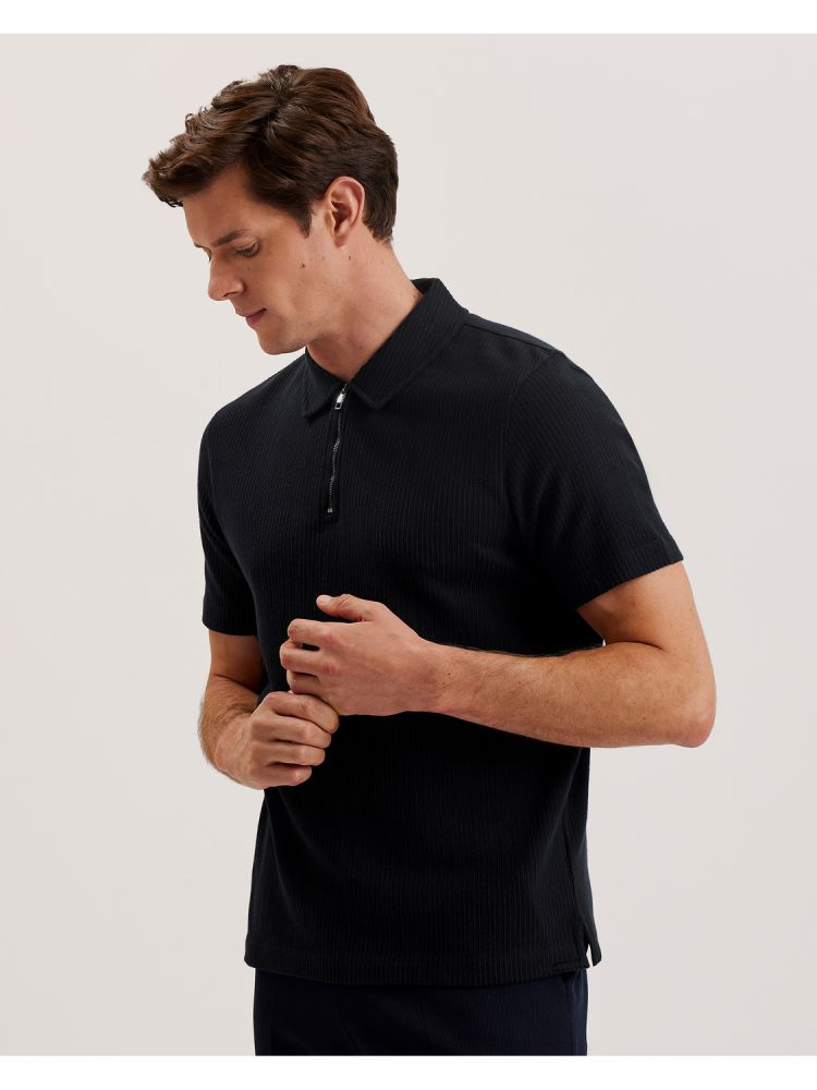 Topuri Barbati Ted Baker Elgrave - Ribbed Cotton Zip Neck Polo Shirt Bleumarin | 139254-WKQ