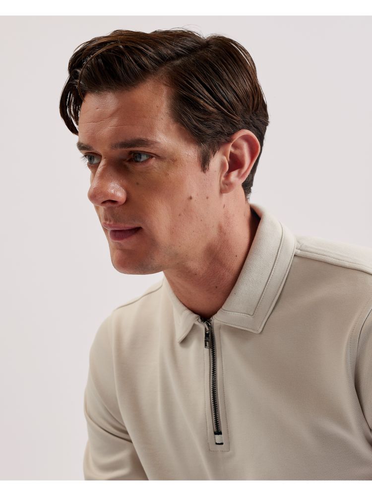Topuri Barbati Ted Baker Ingmar - Long Sleeve Cotton Blend Zip Polo Shirt Bej | 967823-UNW