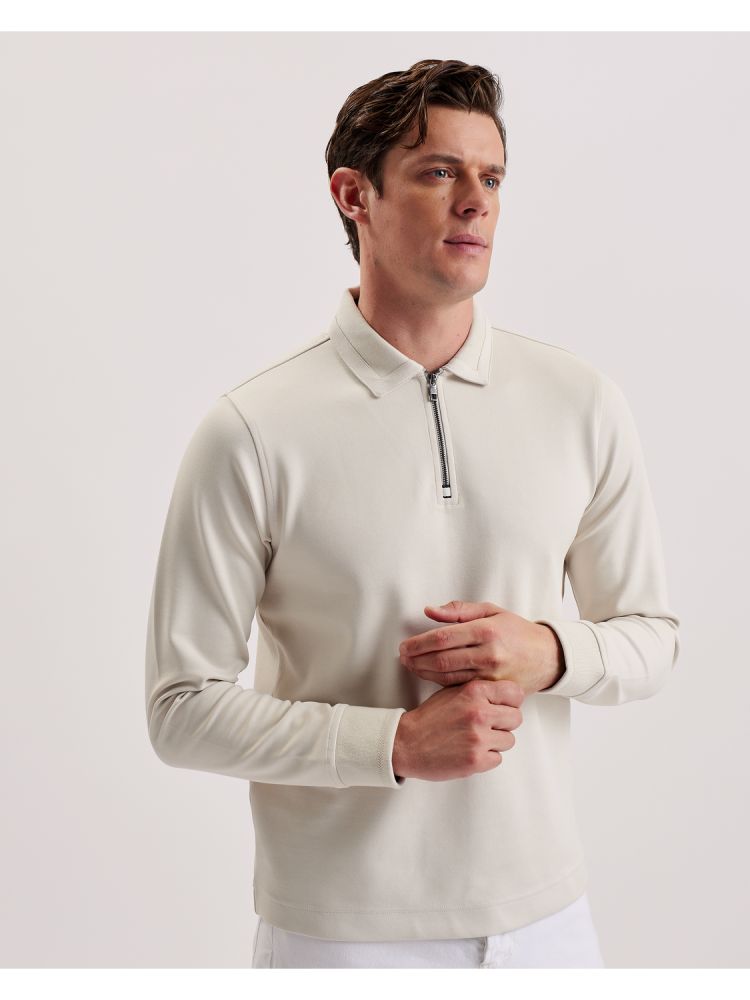 Topuri Barbati Ted Baker Ingmar - Long Sleeve Cotton Blend Zip Polo Shirt Bej | 967823-UNW