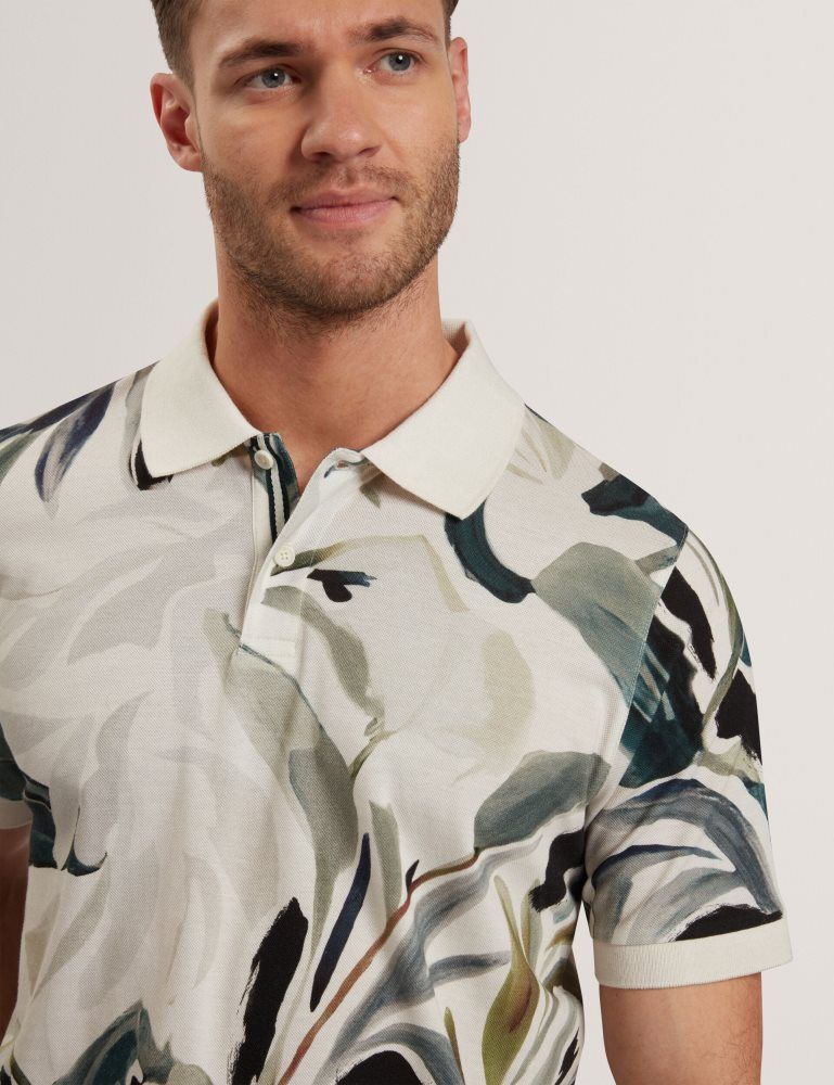 Topuri Barbati Ted Baker Kivem - Short Sleeve Cotton Floral Print Polo Ecru | 017526-HDJ