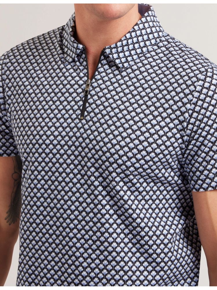 Topuri Barbati Ted Baker Ounslo - Printed Zip Neck Cotton Polo Shirt Albastri | 532796-TBG