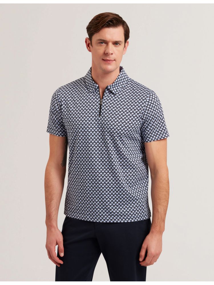 Topuri Barbati Ted Baker Ounslo - Printed Zip Neck Cotton Polo Shirt Albastri | 532796-TBG