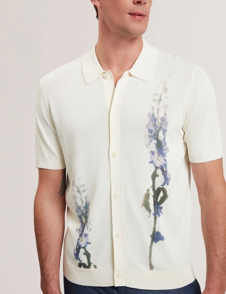 Topuri Barbati Ted Baker Ruits - Short Sleeve Floral Placement Polo Ecru | 745086-HWK