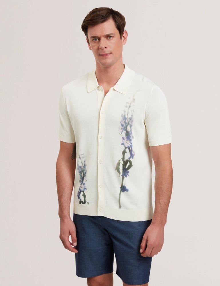 Topuri Barbati Ted Baker Ruits - Short Sleeve Floral Placement Polo Ecru | 745086-HWK