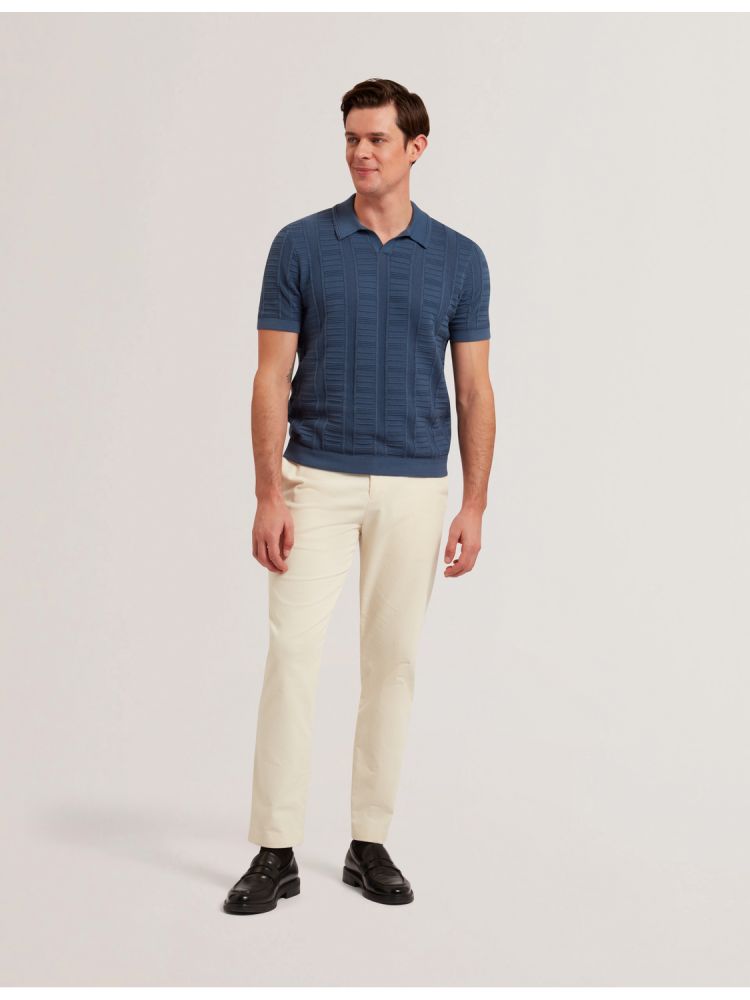 Topuri Barbati Ted Baker Ruzza - Textured Stripe Open Neck Knitted Polo Shirt Albastri | 105248-MVY
