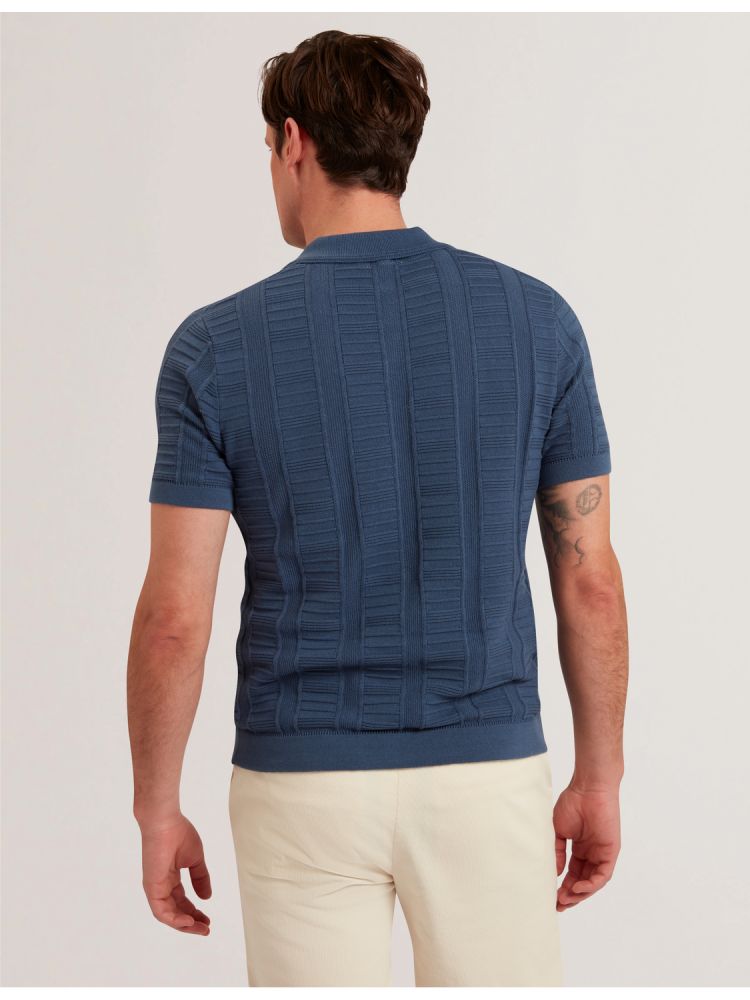 Topuri Barbati Ted Baker Ruzza - Textured Stripe Open Neck Knitted Polo Shirt Albastri | 105248-MVY