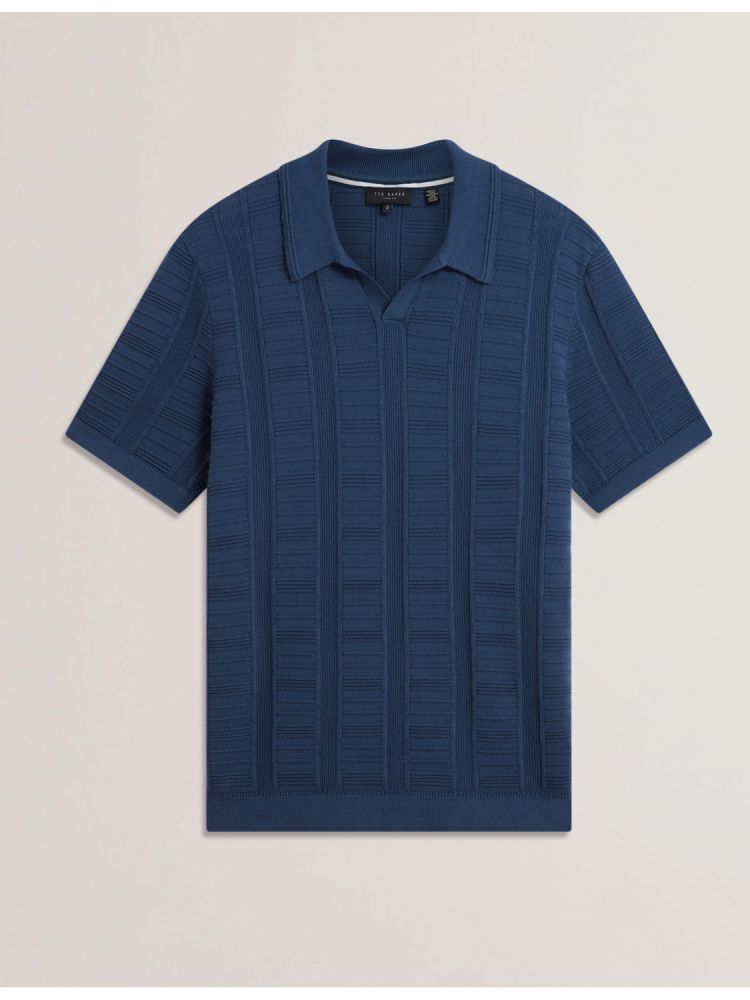 Topuri Barbati Ted Baker Ruzza - Textured Stripe Open Neck Knitted Polo Shirt Albastri | 105248-MVY