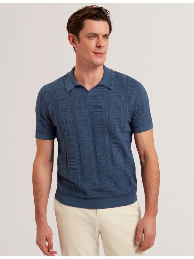 Topuri Barbati Ted Baker Ruzza - Textured Stripe Open Neck Knitted Polo Shirt Albastri | 105248-MVY