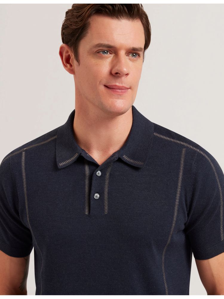 Topuri Barbati Ted Baker Telle - Stitched Detail Wool Blend Polo Shirt Bleumarin | 609725-KCR