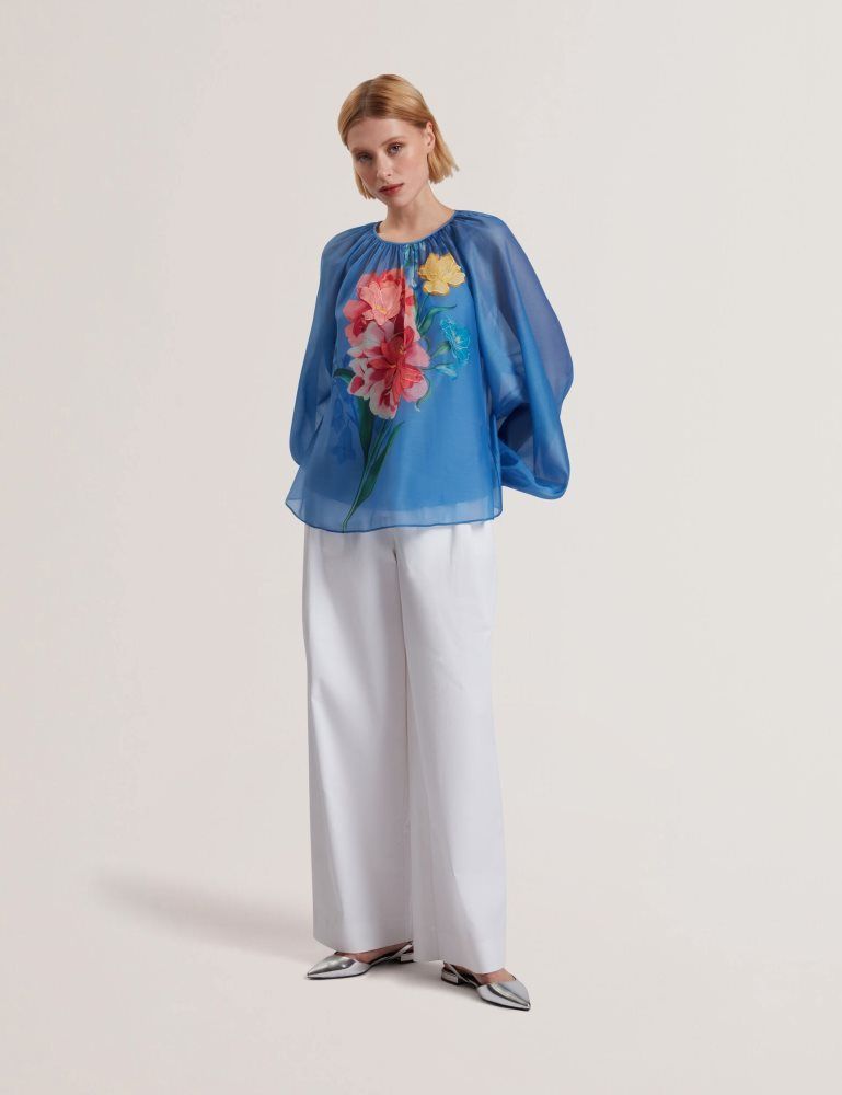 Tricouri Dama Ted Baker Alria - Floral Graphic Organza Balloon Sleeve Blouse Albastri | 190258-GMQ
