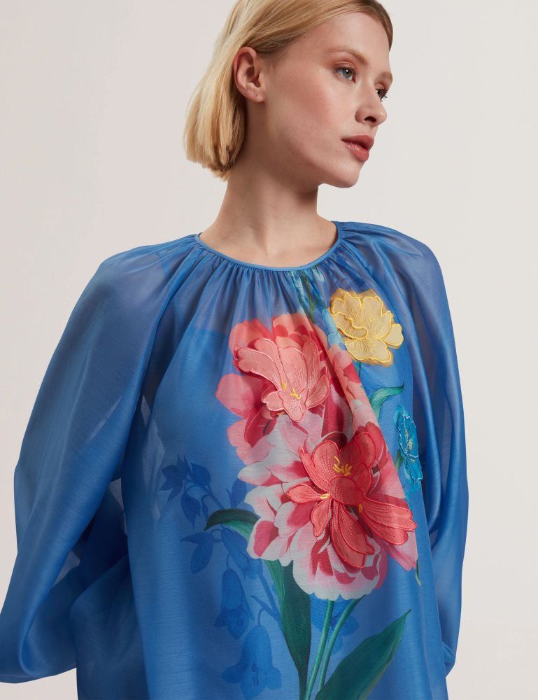 Tricouri Dama Ted Baker Alria - Floral Graphic Organza Balloon Sleeve Blouse Albastri | 190258-GMQ