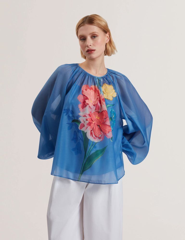 Tricouri Dama Ted Baker Alria - Floral Graphic Organza Balloon Sleeve Blouse Albastri | 190258-GMQ