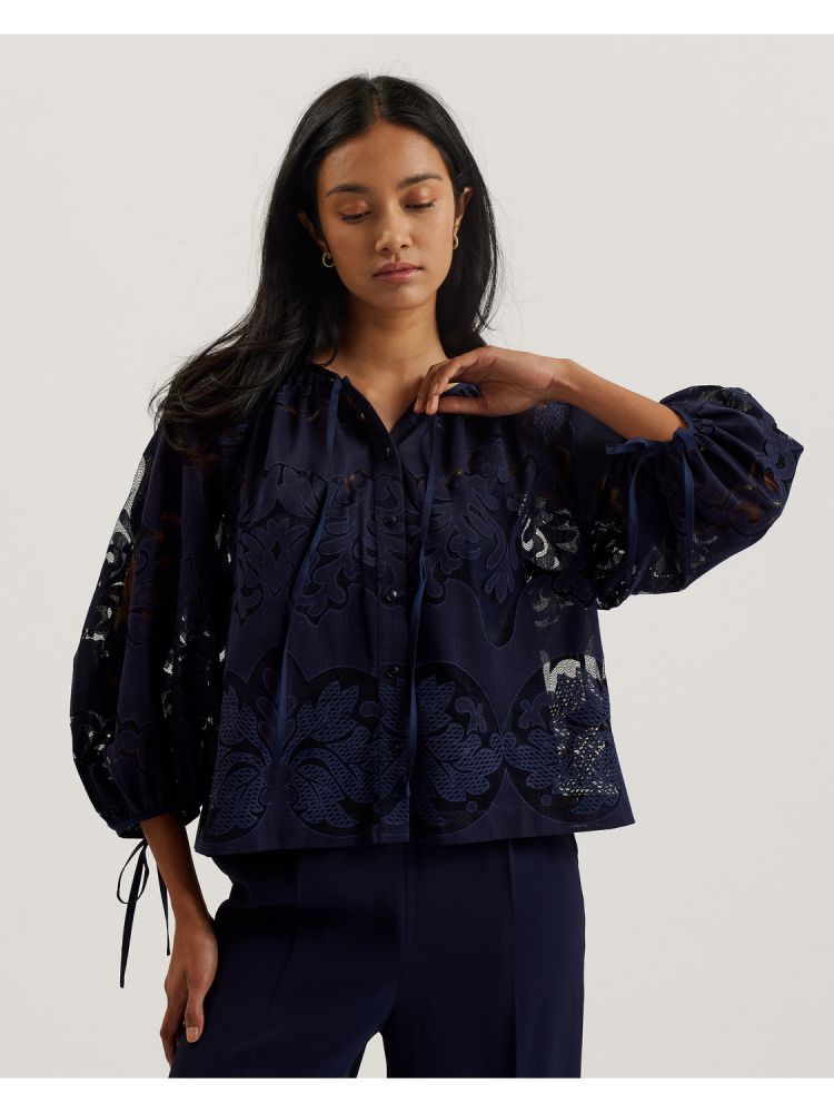 Tricouri Dama Ted Baker Bacina - Lace 3/4 Balloon Sleeve Blouse Albastri | 098765-JQA