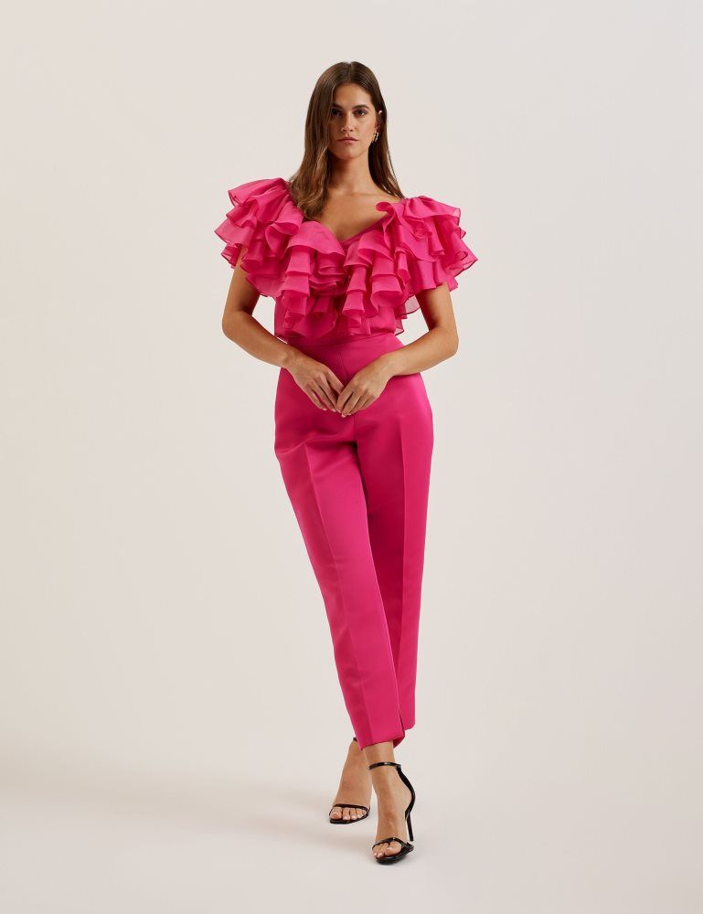 Tricouri Dama Ted Baker Calonda - Oversized Frill Trim V-neck Top Fucsie | 760241-GES