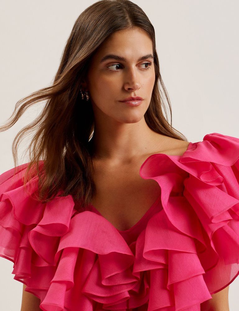 Tricouri Dama Ted Baker Calonda - Oversized Frill Trim V-neck Top Fucsie | 760241-GES