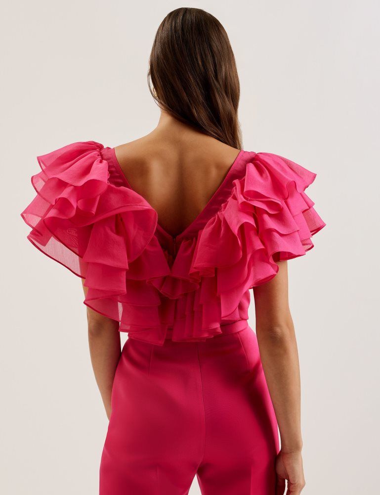 Tricouri Dama Ted Baker Calonda - Oversized Frill Trim V-neck Top Fucsie | 760241-GES