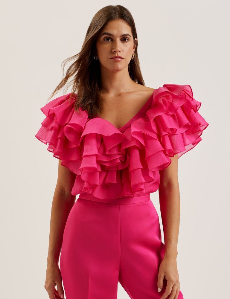 Tricouri Dama Ted Baker Calonda - Oversized Frill Trim V-neck Top Fucsie | 760241-GES