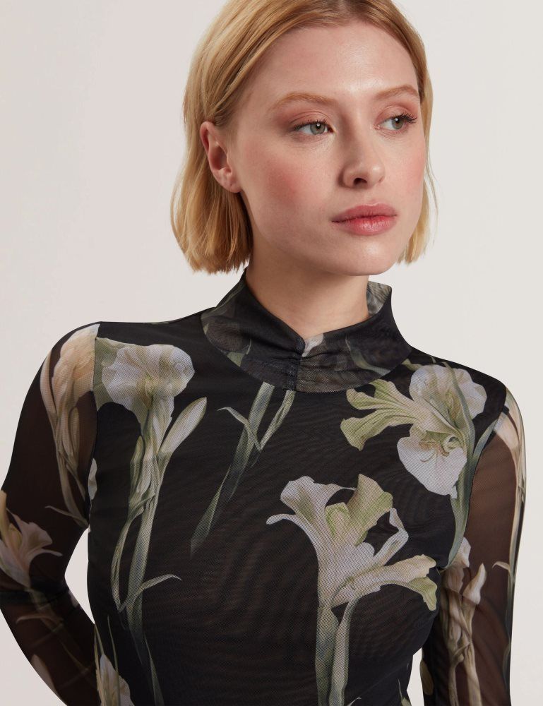 Tricouri Dama Ted Baker Fiaahh - Floral Print High Neck Sheer Mesh Top Negrii | 152467-ANY
