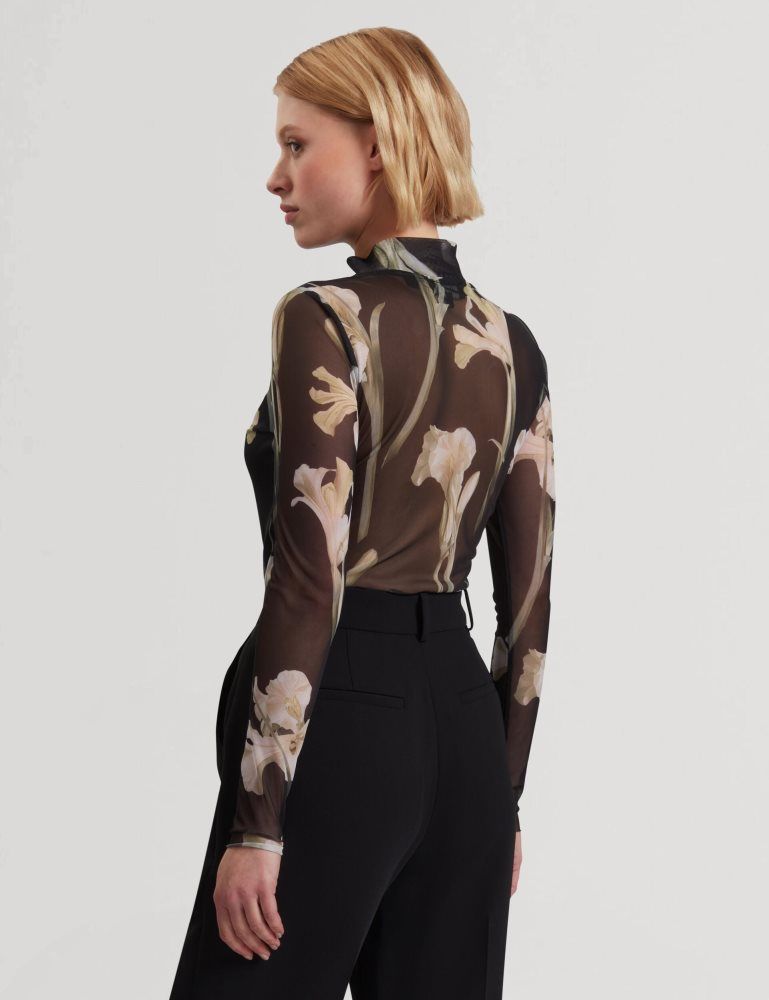 Tricouri Dama Ted Baker Fiaahh - Floral Print High Neck Sheer Mesh Top Negrii | 152467-ANY