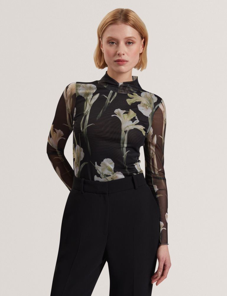 Tricouri Dama Ted Baker Fiaahh - Floral Print High Neck Sheer Mesh Top Negrii | 152467-ANY