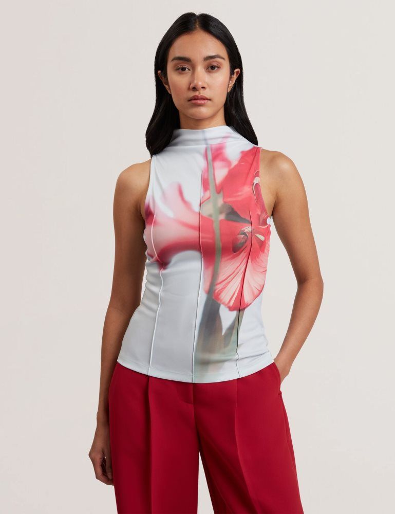 Tricouri Dama Ted Baker Harplnn - Floral High Neck Jersey Tank Top Albastri | 764205-AJQ
