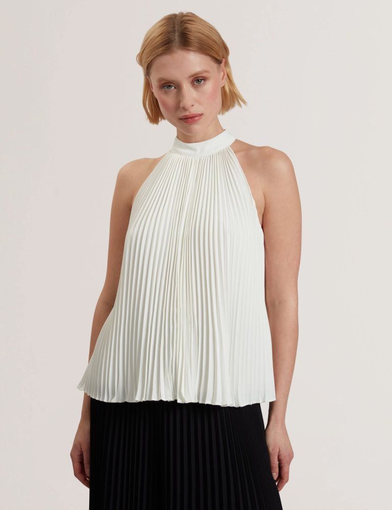 Tricouri Dama Ted Baker Jamaya - High Halter Neck Pleated Sleeveless Top Albi | 685037-YTH
