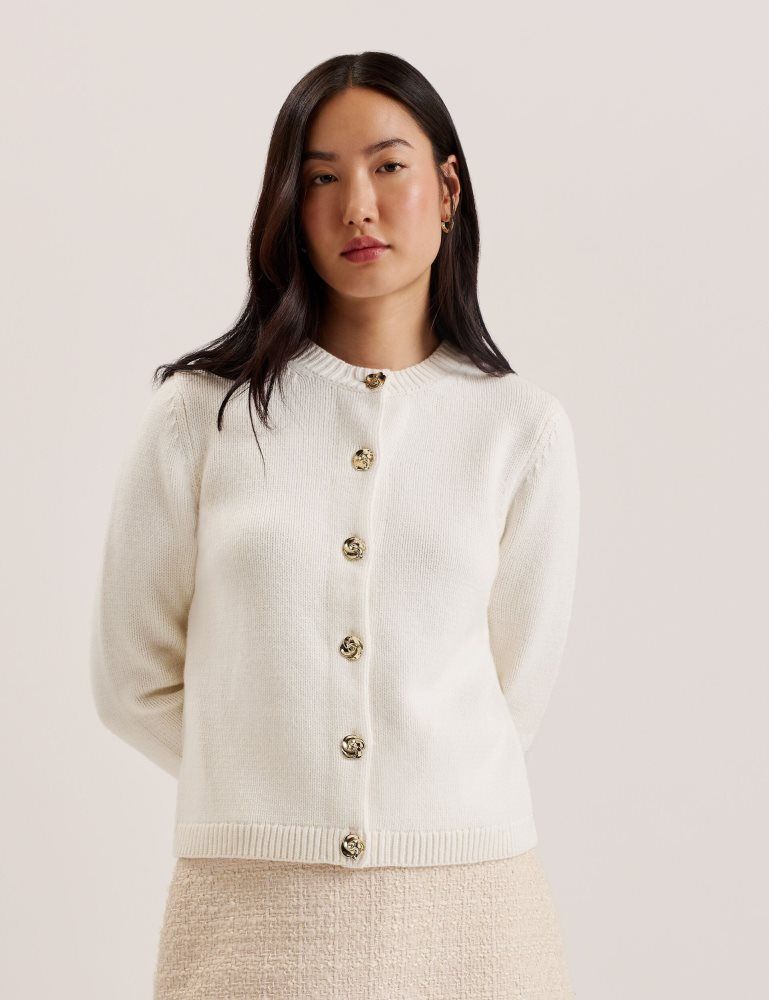 Tricouri Dama Ted Baker Jaycey - Rose Button Knitted Crew Neck Cardigan Albi | 374658-BEN