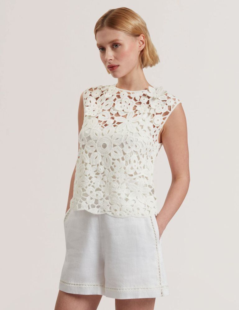 Tricouri Dama Ted Baker Joyyra - Floral Crochet Knit Sleeveless Top Albi | 941865-YXL
