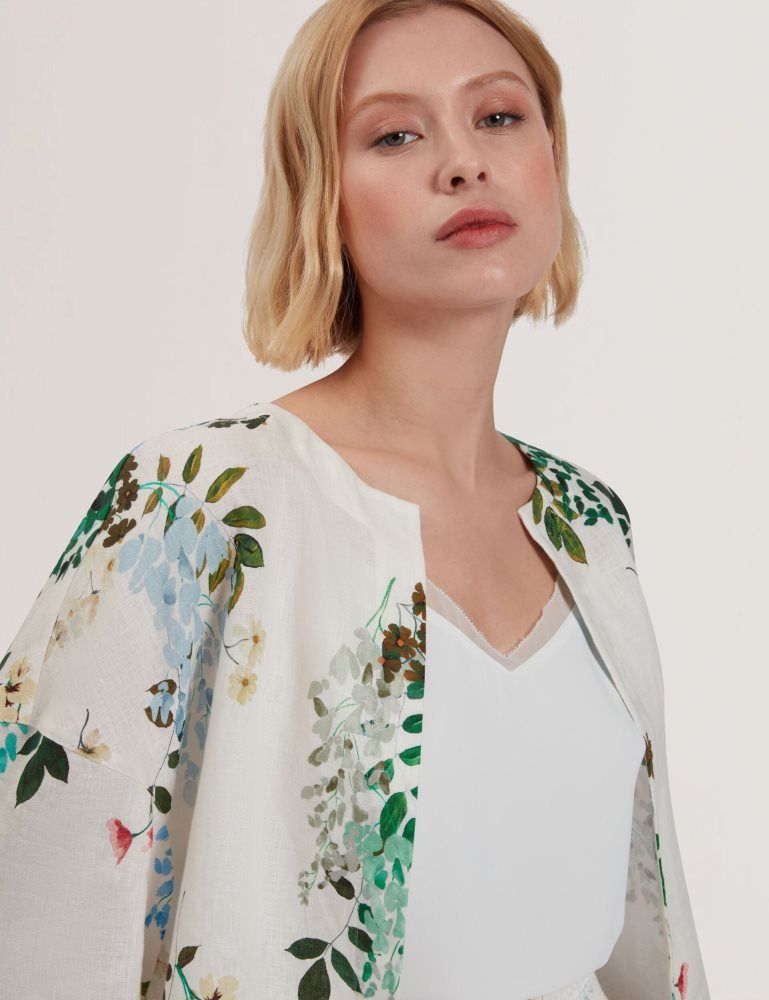 Tricouri Dama Ted Baker Kalna - Linen Floral Print Cropped Open Jacket Albi | 084561-VAT