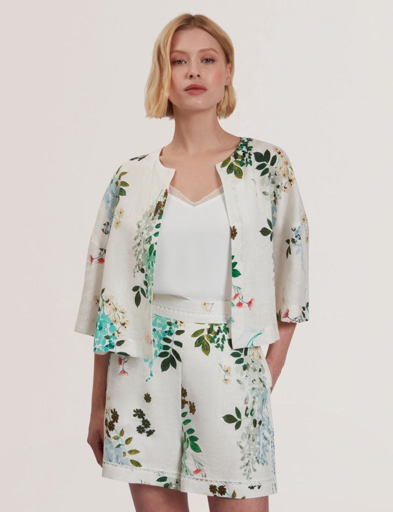 Tricouri Dama Ted Baker Kalna - Linen Floral Print Cropped Open Jacket Albi | 084561-VAT