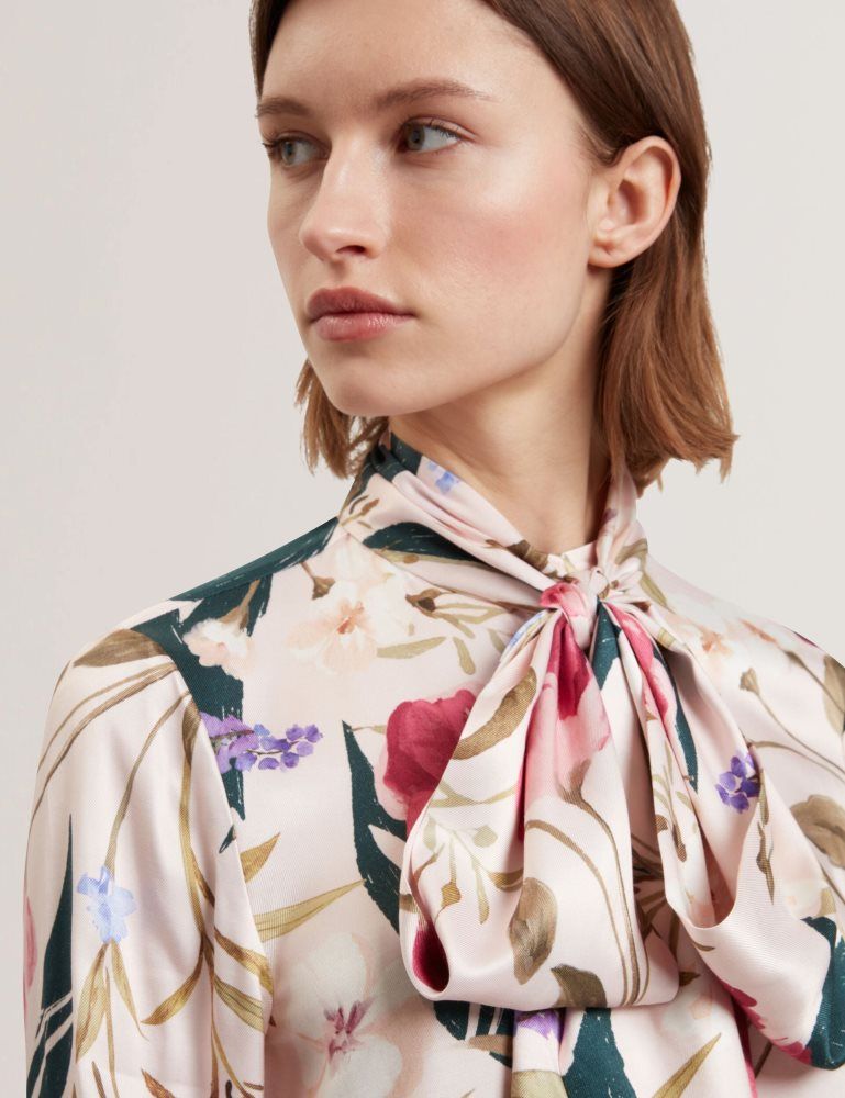 Tricouri Dama Ted Baker Leeyaa - Floral Print Tie Neck Longline Blouse Roz | 986321-OFY