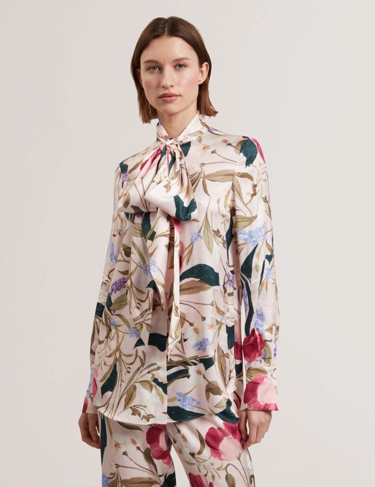 Tricouri Dama Ted Baker Leeyaa - Floral Print Tie Neck Longline Blouse Roz | 986321-OFY