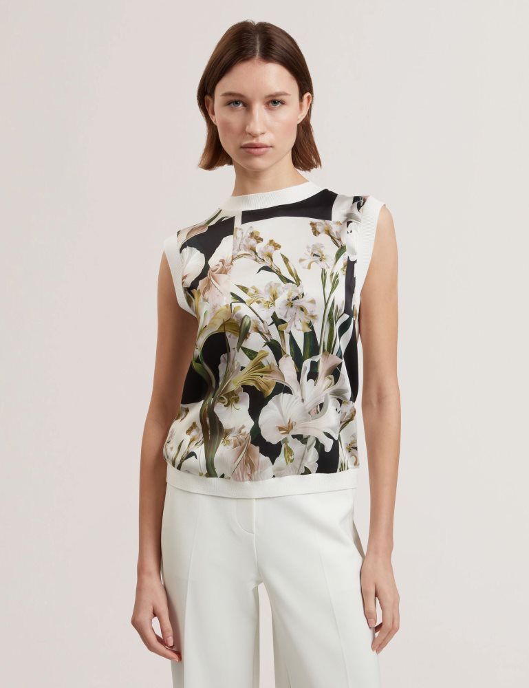 Tricouri Dama Ted Baker Liilea - Floral Print Front Boxy Knitted Tank Top Albi | 915234-NOG