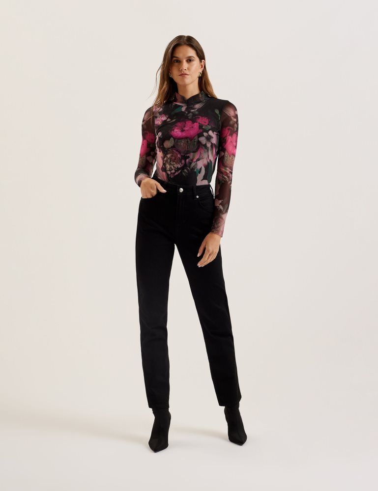Tricouri Dama Ted Baker Lisanna - Printed High Neck Fitted Mesh Top Negrii | 197802-JGM