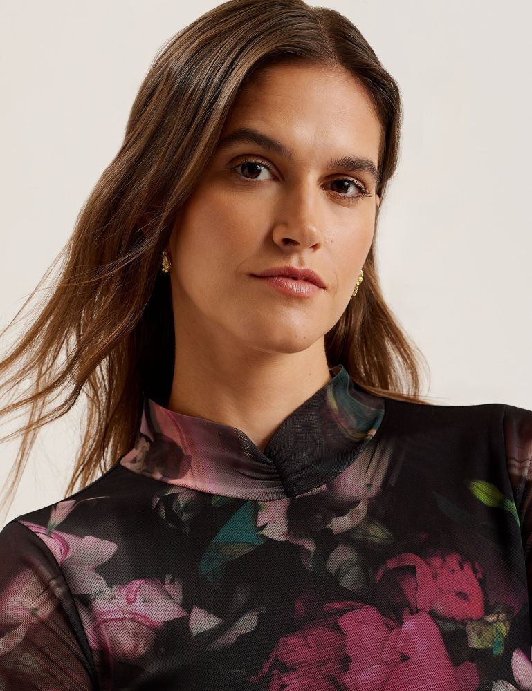 Tricouri Dama Ted Baker Lisanna - Printed High Neck Fitted Mesh Top Negrii | 197802-JGM