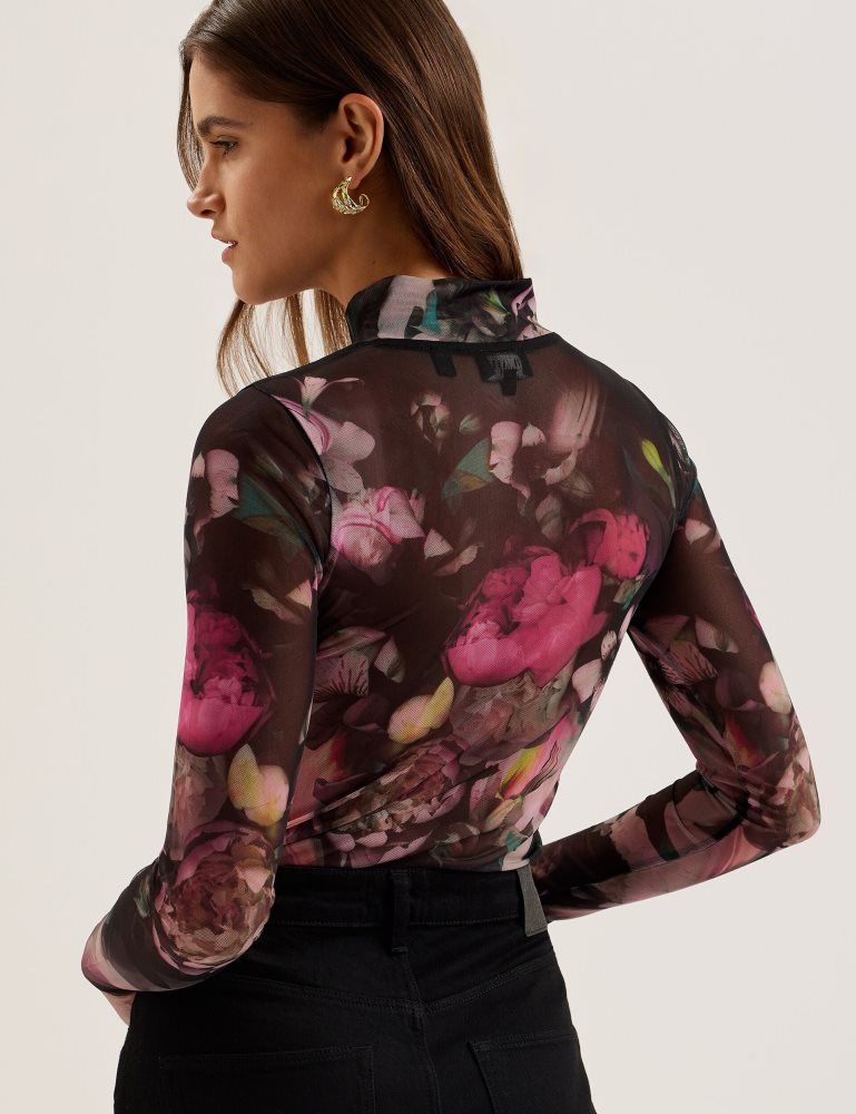 Tricouri Dama Ted Baker Lisanna - Printed High Neck Fitted Mesh Top Negrii | 197802-JGM