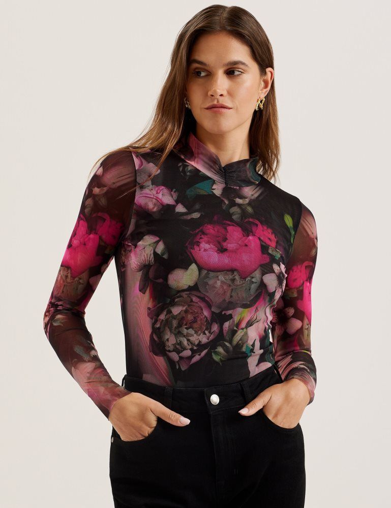 Tricouri Dama Ted Baker Lisanna - Printed High Neck Fitted Mesh Top Negrii | 197802-JGM