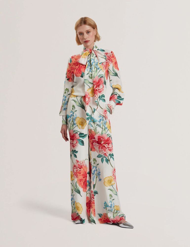 Tricouri Dama Ted Baker Luusile - Floral Print Tie Neck Long Sleeve Blouse Albi | 960841-PRB