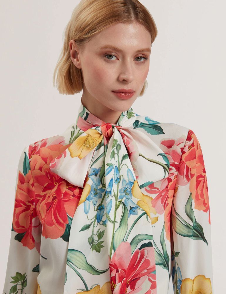 Tricouri Dama Ted Baker Luusile - Floral Print Tie Neck Long Sleeve Blouse Albi | 960841-PRB