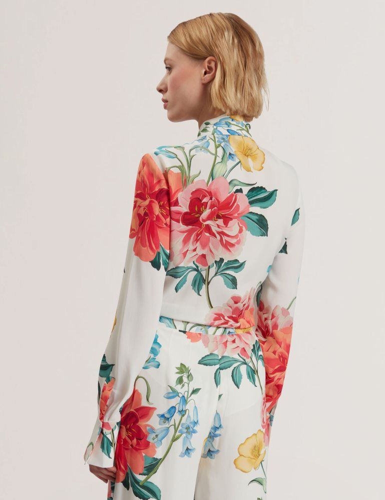 Tricouri Dama Ted Baker Luusile - Floral Print Tie Neck Long Sleeve Blouse Albi | 960841-PRB